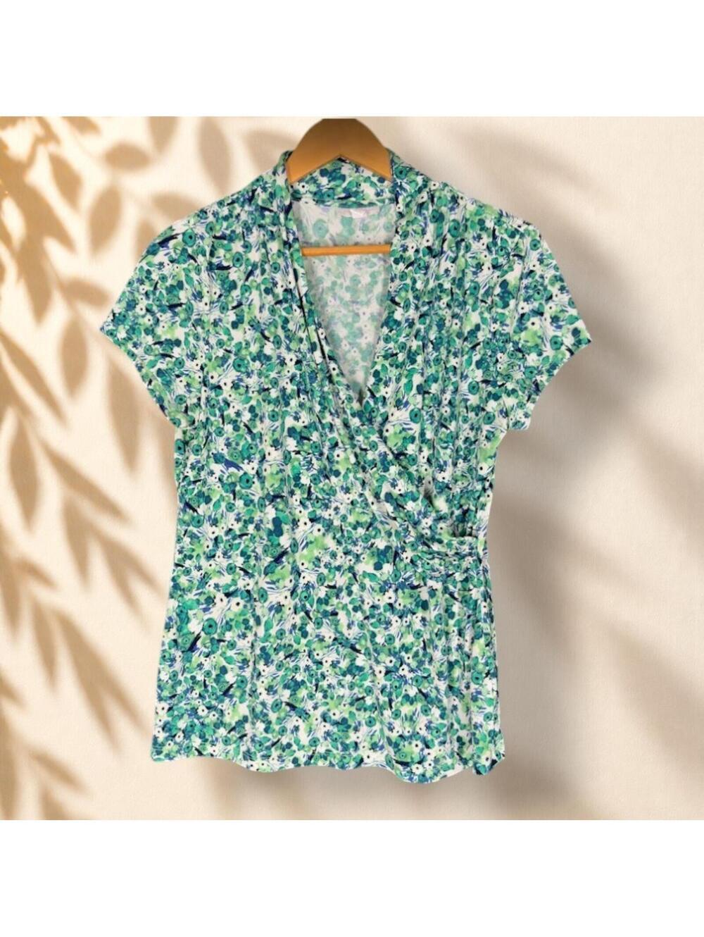 Charter Club Blouse Women L Large Green Animal Print V-Neck Short Sleeve Casual